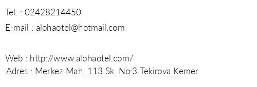 Aloha Otel telefon numaralar, faks, e-mail, posta adresi ve iletiim bilgileri